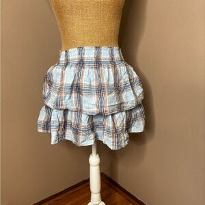 Aerie Womens Skirt Blue Orange Plaid Tiered Pull On Cotton Mini Size Small